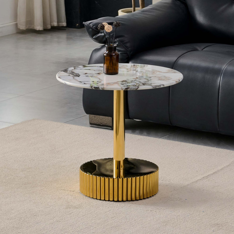 Table de bout moderne, table de chevet, avec verre à motif de marbre avec une structure en acier inoxydable, convient aux salons et aux chambres à coucher, facile à assembler.