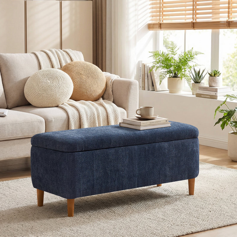 Polyester Upholstered Storage Bench, Blue