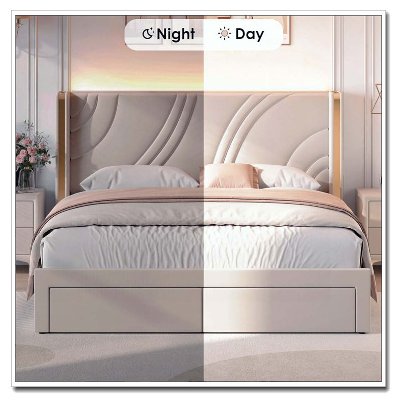 Structure de lit tapissier en velours avec tiroirs de rangement à DEL, Beige, Double