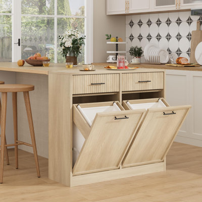 Armoire à linge double inclinable avec panier amovible imperméable, armoire à poubelle autoportante de 20 gallons avec tiroir, panier à linge inclinable en bois moderne pour salle de bain et cuisine, naturel