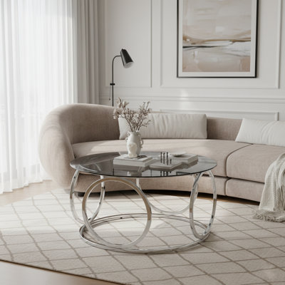 Table basse 31,5 "moderne avec plateau rond en verre avec cadre circulaire en métal pour le salon, le bureau et le salon