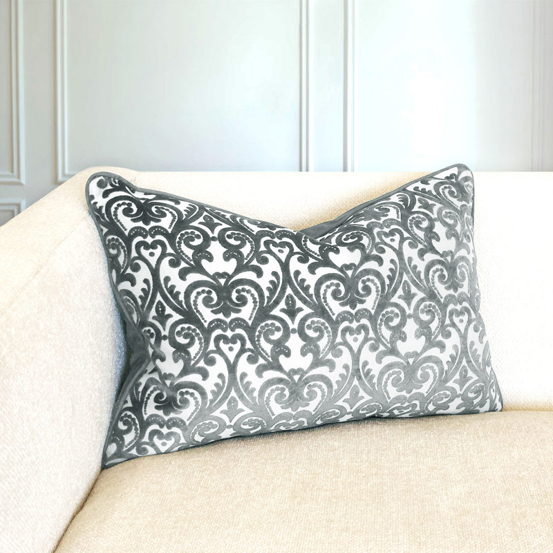 Rectangular Damask Feather Reversible Throw Pillow, Silver