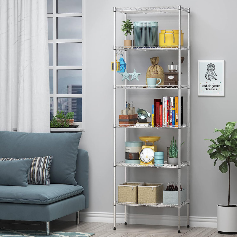 Orizaba 6 Tier Adjustable Wire Shelving Unit Organizer Steel Storage Rack w/ Hooks, Leveling Feet, Silver Grey