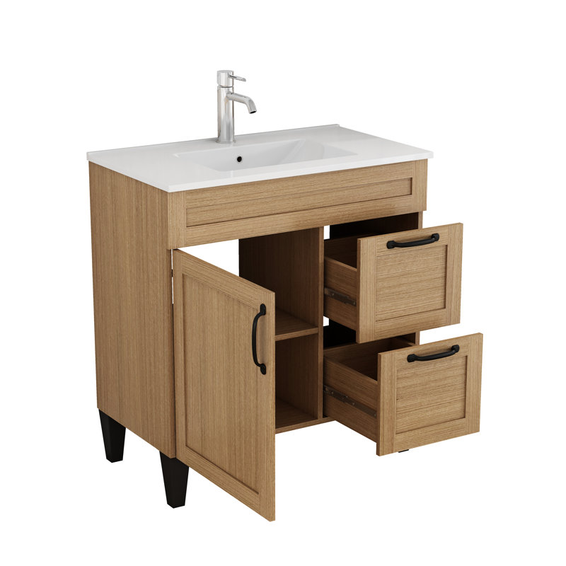 Ensemble de meuble-lavabo 31,5 po avec lavabo combiné, 1 porte et 2 tiroirs, poignée en métal noir, charnière à fermeture en douceur, lavabo en céramique