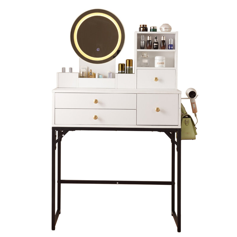 Meuble-lavabo moderne avec miroir lumineux, prise de courant, 4 armoires de rangement, douille lumineuse de table blanche, 4 tiroirs,