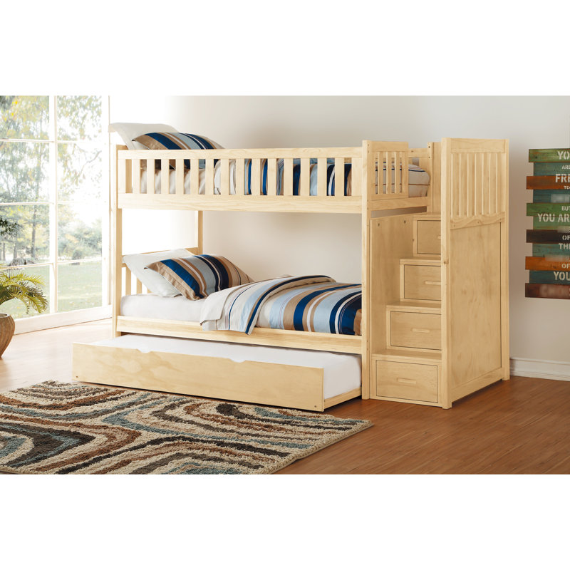 Modern Transitional Twin Over Bunk Bed With Pull - Out Trundle, Reversible Step Storage, Natural Pine Finish, Guard Rails, Bedroom Furniture For Teenagers Storage Drawers, Wooden In Style, 300Lbs Load