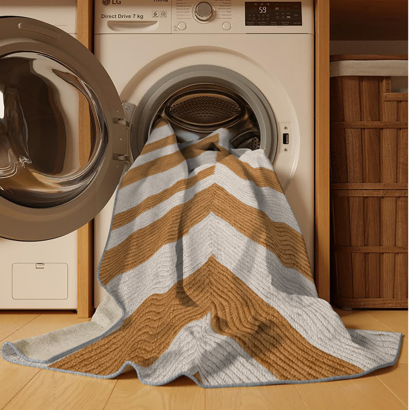 Washable Caramel Light Gray Striped Area Rug, Rectangle 6' x 9'