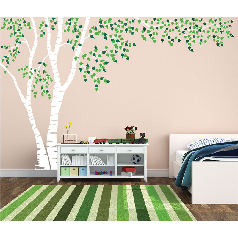 Décalcomanie murale en vinyle Birch Tree Forest Blowing Leaves, Blanc / Vert, H 96 po x l 144 po