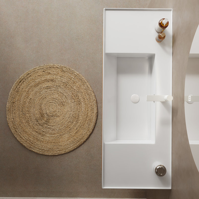 48" Bathroom Vanity With Vessel Sink, Wall-Mounted Floating White Rectangular Engineered Stone Basin Without Faucet, Striped Shelves Layer