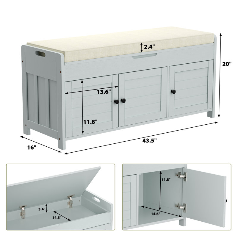 43.5" Entryway Bench with Hidden Shoe Storage and Cushion, Gray
