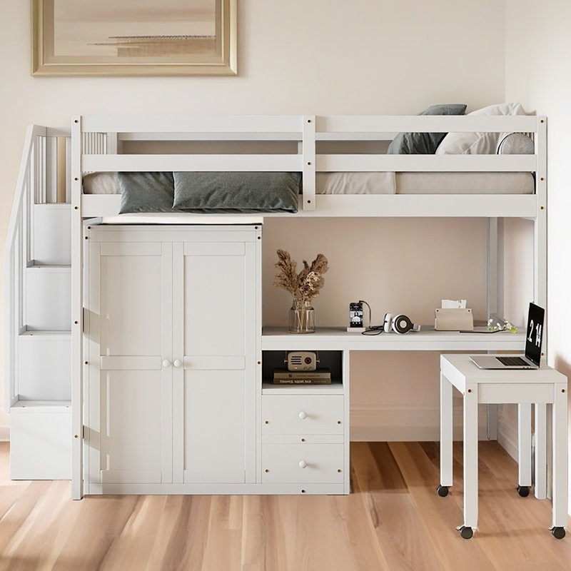 Loft Bed With Stairs, Bookshelf, Drawers, Desk & Wardrobe – Space-Saving Multifunctional Furniture For Kids & Teens, Full