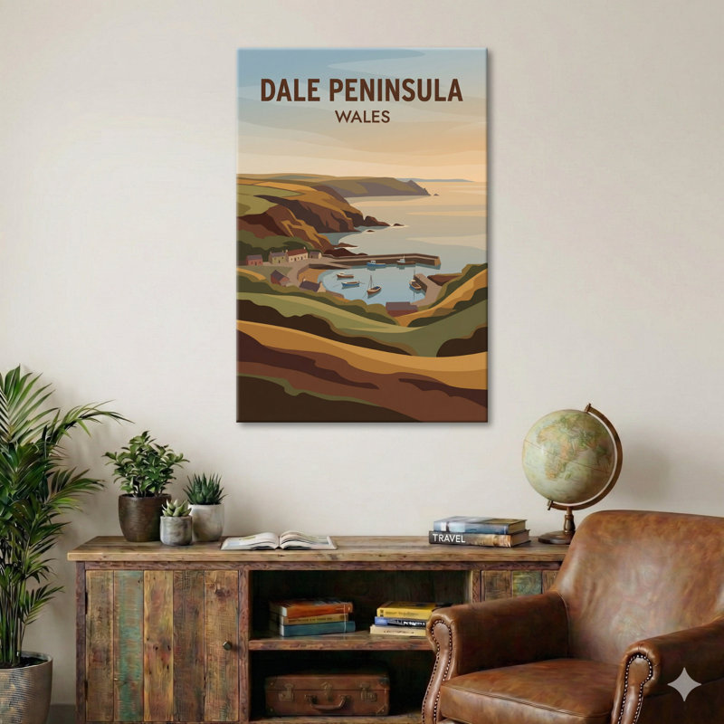 Dale Peninsula, Wales - Romantic Travel Poster Of Cliffs, Harbour And Wild Coast. Giclee Print On Wrapped Canvas. Wall Art, Home Decor - Regions & Scenic Areas, Wales - Wrapped Canvas Print