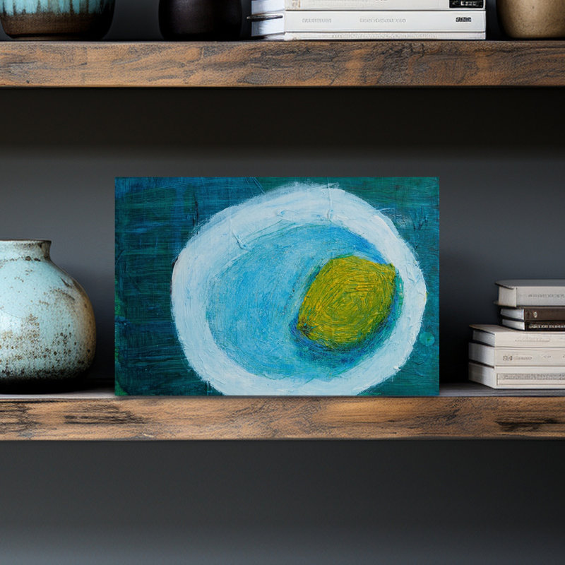 «Lemon In Blue Bowl», impression abstraite, fruit contemporain, océan, impression murale, 12" H x 18" W