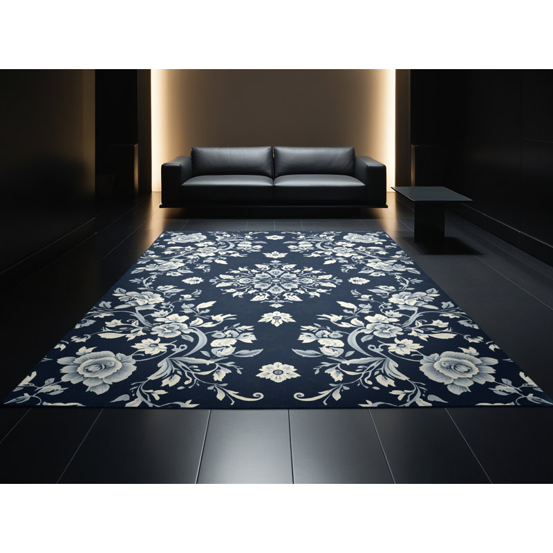 Tapis gris moelleux doux à motif floral Cozine, Rond 5 pi