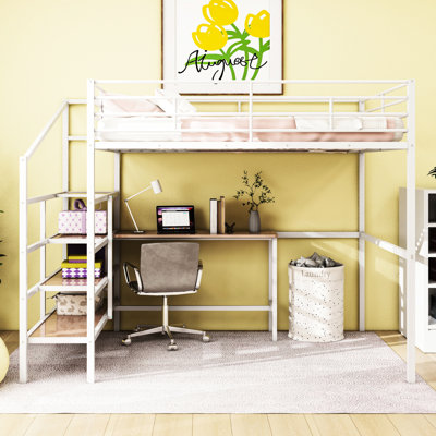 Lit mezzanine en métal avec bureau et tablette latérale en blanc - rangement d'apparence élégant, solution de bureau à domicile contemporain