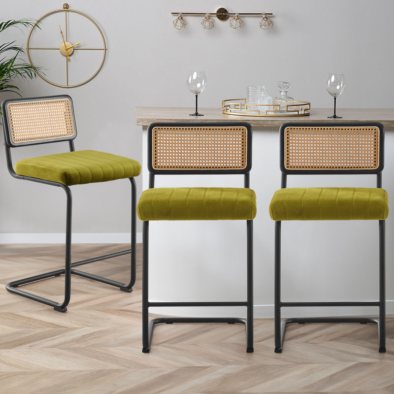 Oliver Green Velvet Upholstered Cane Back Counter Stools with Black Metal Frame