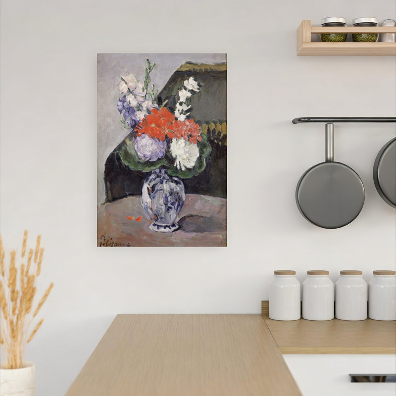 Fleurs dans un petit vase de Delft, vers 1873. Estampe d'art mural abstraite et contemporaine., H 18 po x l 12 po