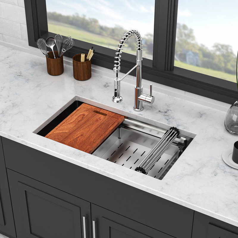 33*19 Inch 16 Gauge T304 Stainless Steel Undermount Kitchen Sink With Dual - Tier Ledge For Optimized Countertop Space, X Shaped Water Guide Fast Disposal, Coated And Quiet Sink, Comes All In One