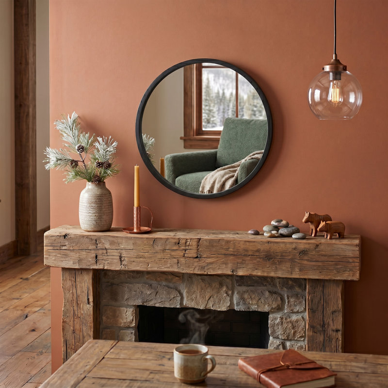 Braynt Solid Wood Round Wall Mirror, Black, 19.7" x 19.7"