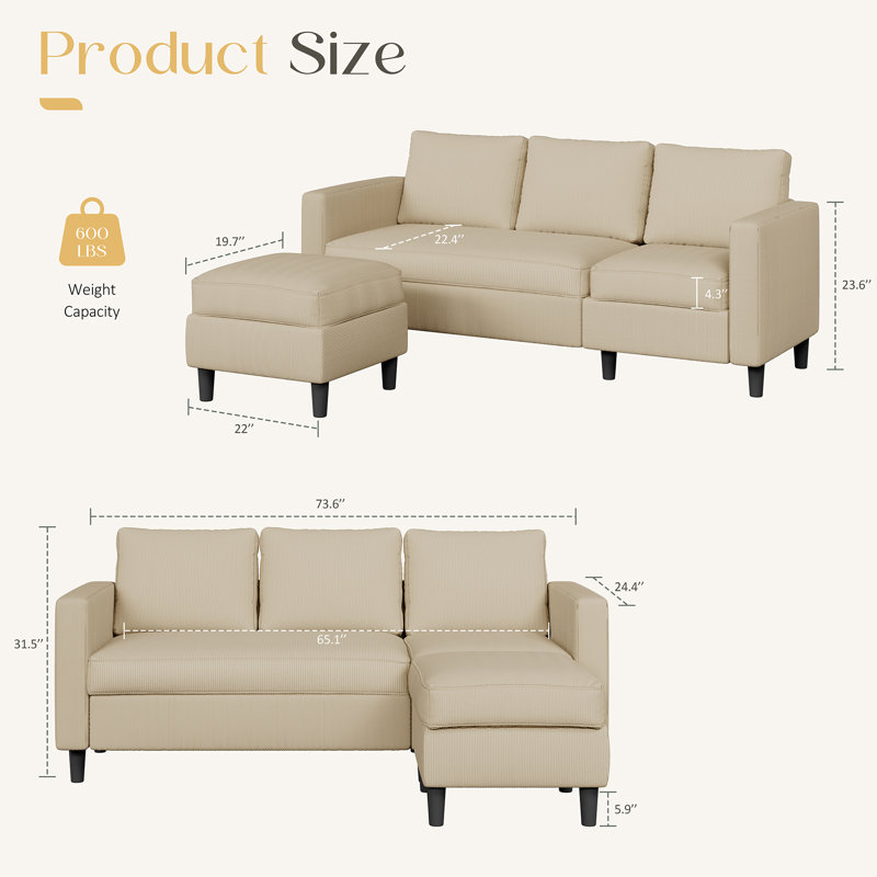 Canapé rembourré 73,6 po avec repose-pieds Roshod, Velours côtelé beige