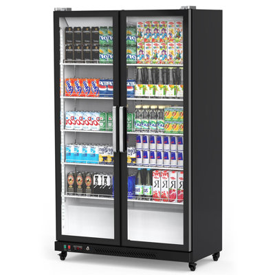 Beverage Refrigerator, 39 Cu.Ft Commercial Upright Beverage Display Cooler with Double Tempered Glass Doors, LED Lighting, Adjustable Shelves, 32°F to 50°F Temperature Range for Retail, Cafés