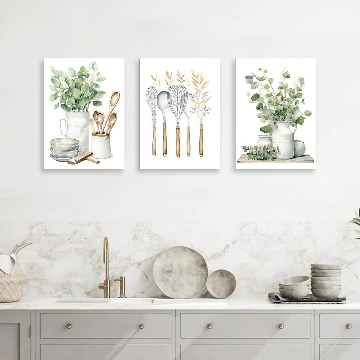 boho farmhouse kitchen decor paintings prints |... August Grove® Boho Farmhouse Kitchen Canvas Wall Art Sage Green Plants ...