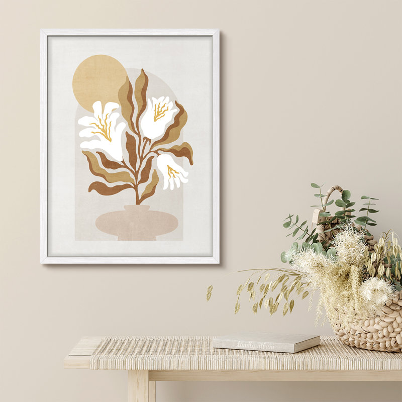 Mid-Century moderne abstrait floral dans un vase classique, illustrations rustiques, affiche encadrée, H 10 po x l 8 po