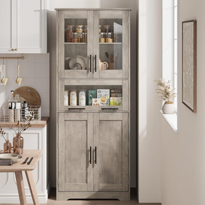 Grande armoire de rangement autoportante de 67 pouces avec portes en verre et tablettes réglables, armoire en panneau de fibres à densité moyenne imperméable avec quincaillerie anti-basculement pour salle de bain, cuisine et salle de lavage, double rangée, gris