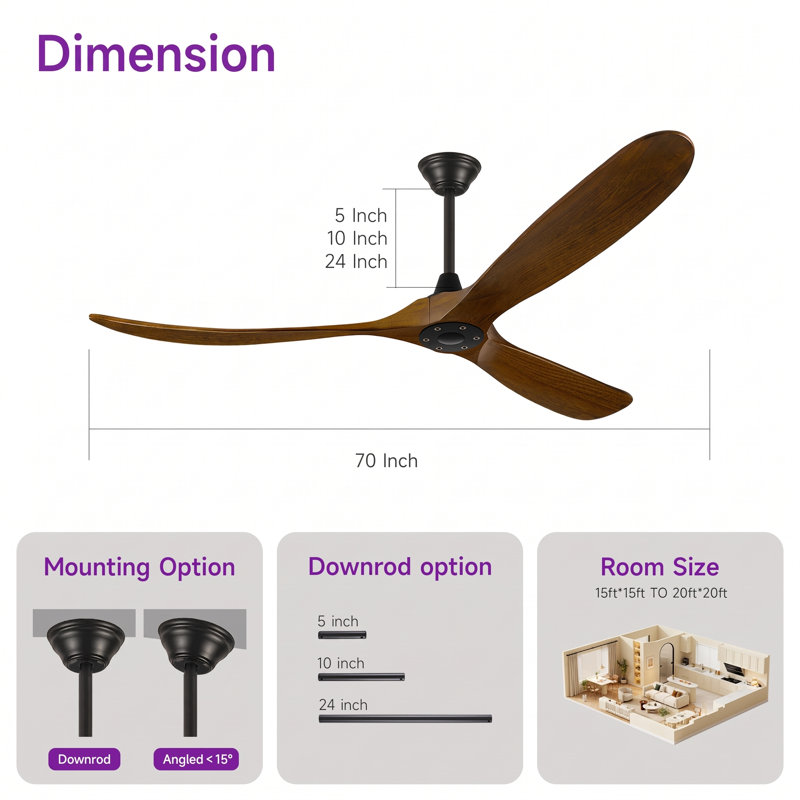 Ventilateurs de plafond sans lumières, ventilateur de plafond sans lumière, ventilateur de plafond en bois massif à 3 pales Cfm Quiet High, grand ventilateur de plafond moderne avec télécommande, ventilateurs de plafond extérieurs à hélice pour pa