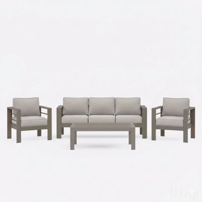 All-Weather 5-Piece Modern Metal Patio Furniture Set,  7-Seat Conversation Sofa With Thick Light Gray Cushions & Black Frame And Coffee Table