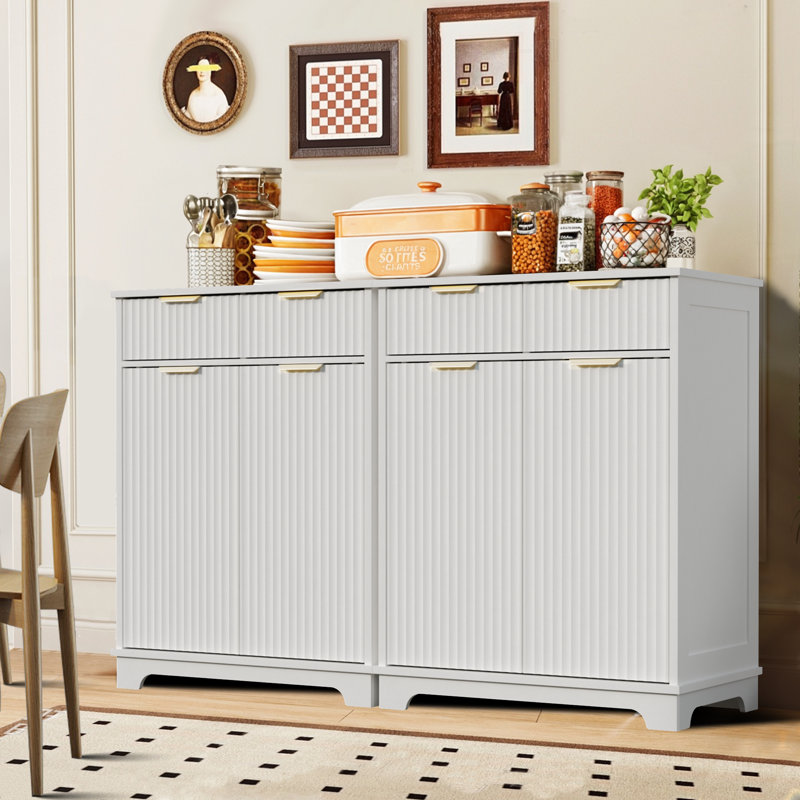 Buffet cannelé, armoire à 2 tiroirs et 2 portes, armoire de rangement à tablettes réglables pour la cuisine, la salle à manger, le vestibule et le salon (2 pièces)