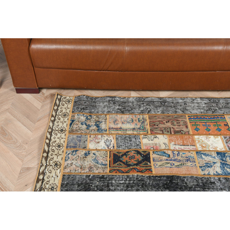 Handmade Vintage Turkish Rug In Patchwork Carpet Style With Oriental Wool Design For Rustic Home Decor And Antique Entryway Accent As Designer Floor Mat
