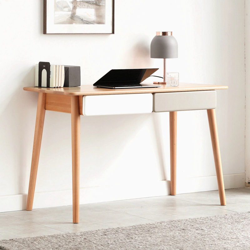Solid Wood Computer Desk - 47'' Large Size Office Desk With 2 Drawers, Modern Simple Style PC Table With Gap Design For Home Office, Work, Student, Study, Makeup Workstation (Beech)