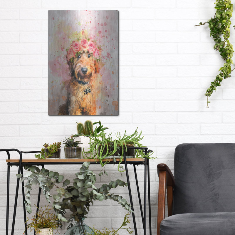 Red Barrel Studio 'Flower Crown Goldendoodle 2' by Furbaby Affiliates Metal Wall Art, 16" H x 12" W