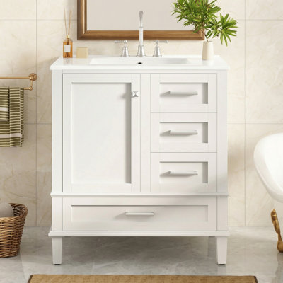  30" Modern Freestanding Vanity with Ceramic Sink, 3 Soft-Close Drawers, Solid Wood & Scratch - UPC/CARB Certified