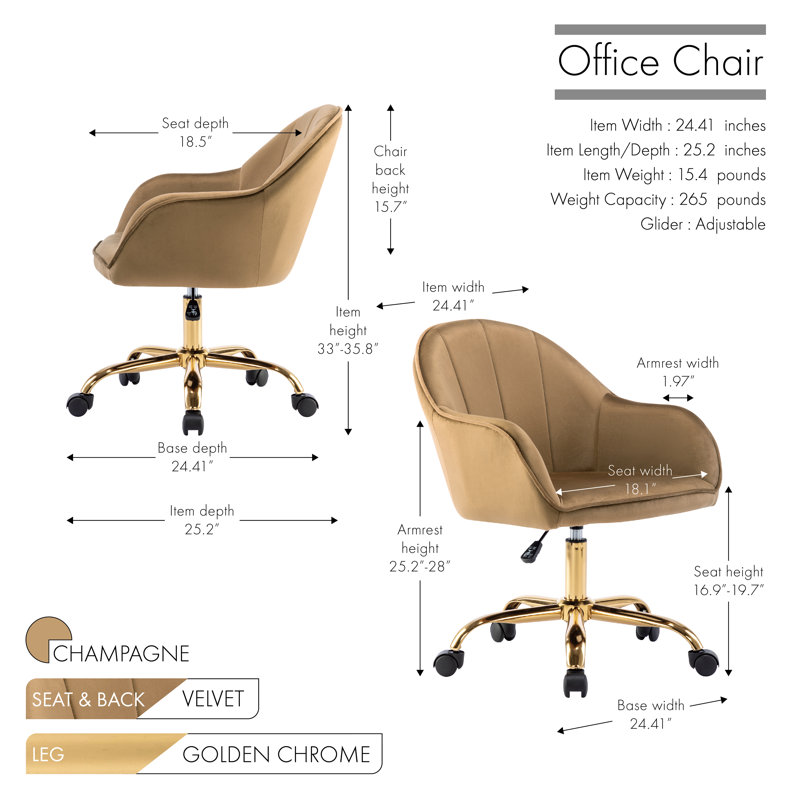 Edgar Velvet Office Chair with Gold Chrome Base, Champagne