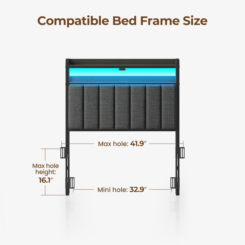 Headboard With Storage Adjustable LED Light USB Type C Port Height Adjustable, Linen Fabric, Twin, Black