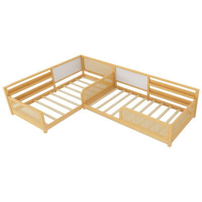 Base de lit simple en L pour 2 enfants, convertible et amovible avec tableaux blancs, bibliothèques et lumières, parfaite pour les pièces communes
