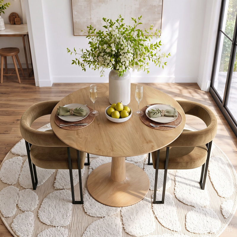 Ensemble de table de salle à manger pour 2 personnes avec table ronde et 2 fauteuils rembourrés en velours, Chameau