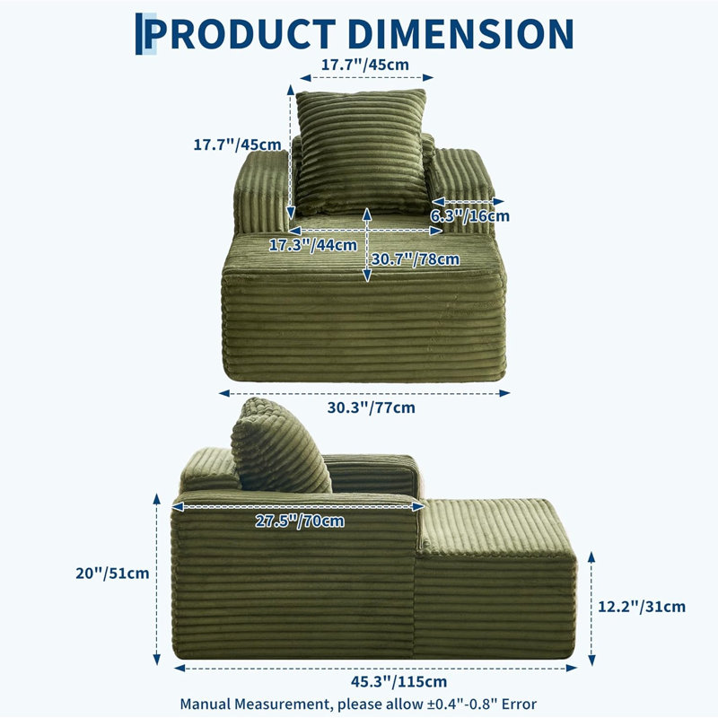 Méridienne 45 po, Velours côtelé vert