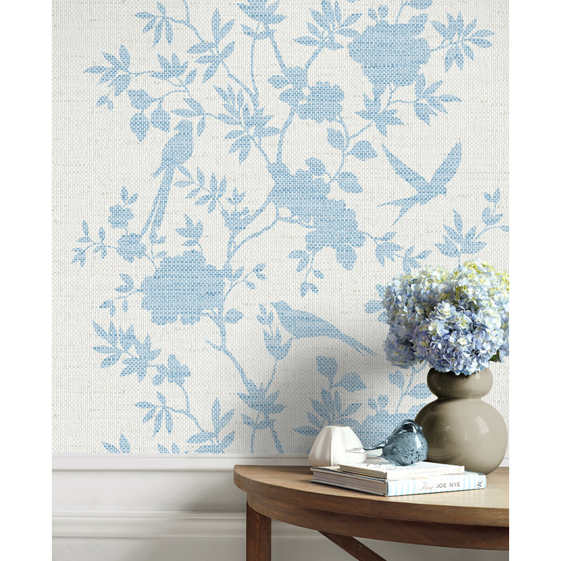 Floral Grass Cloth Wallpaper Roll, Maya Blue