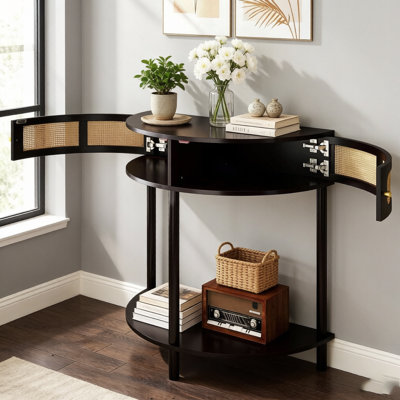 Console en rotin avec placard et étagère inférieure, style bohème demi-lune, idéale pour une entrée, un salon ou une chambre, noire.