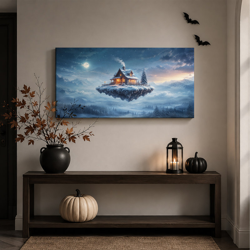 Cabane flottante au clair de lune au-dessus de montagnes enneigées - Toile murale d'Halloween, 20"W x 10"H