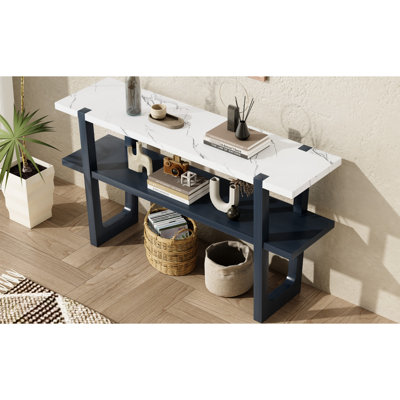 Console en marbre bleu marine avec look élégant et fonctions de rangement pratiques élégantes en bleu marine, plateau en marbre, pour la décoration intérieure