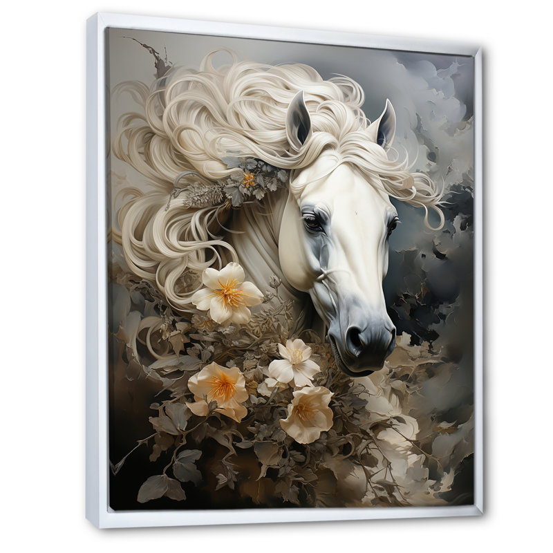 Portrait équin en fleurs, H 32 po x l 24 po x P 1 po, Cadre flottant blanc