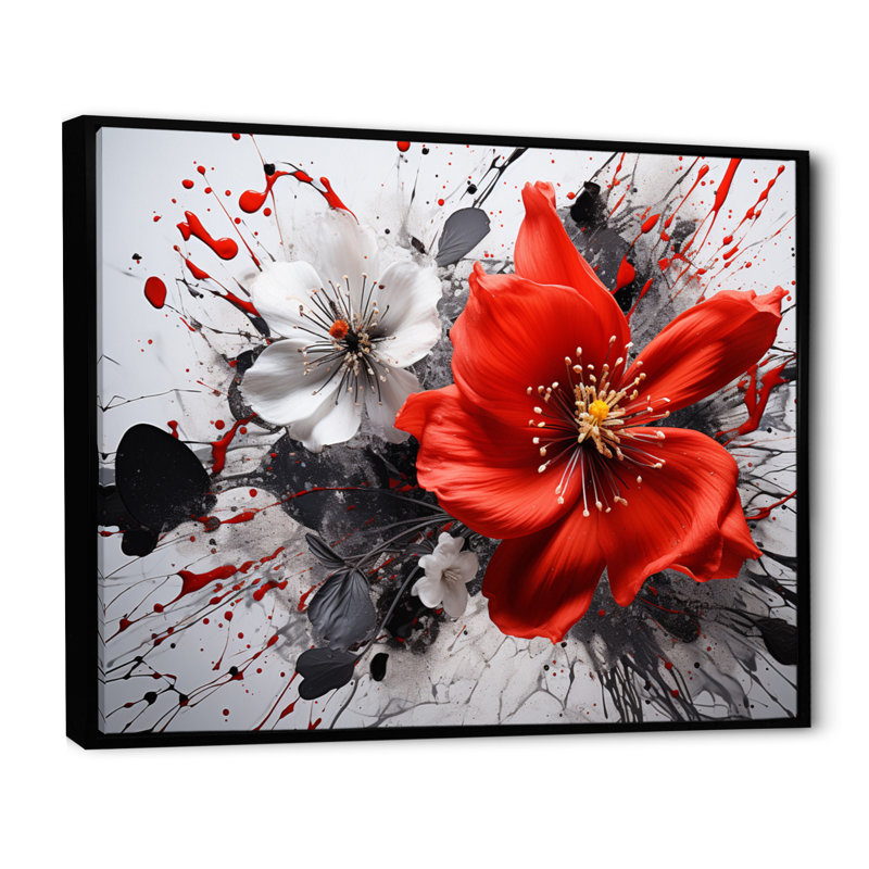 Red Grey Botanical Symphony I - Abstract Botanicals, reproduction d'art sur toile encadrée, H 30 po x l 40 po, Black