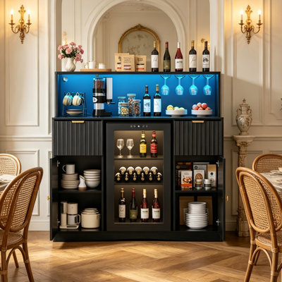 Modern Black Wine Bar Cabinet with Mini Fridge Space, Fluted Pantry Cabinet with LED Light and Power Outlet, 2-Tier Coffee Bar Cabinet with Wine Rack and Storage Drawers for Dining Room, Kitchen