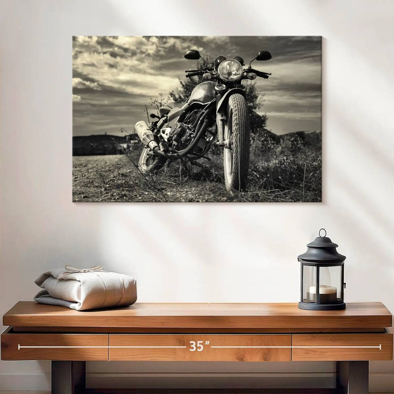 Motocyclette d'extérieur rétro sur toile, H 16 po x l 24 po x P 1,25 po