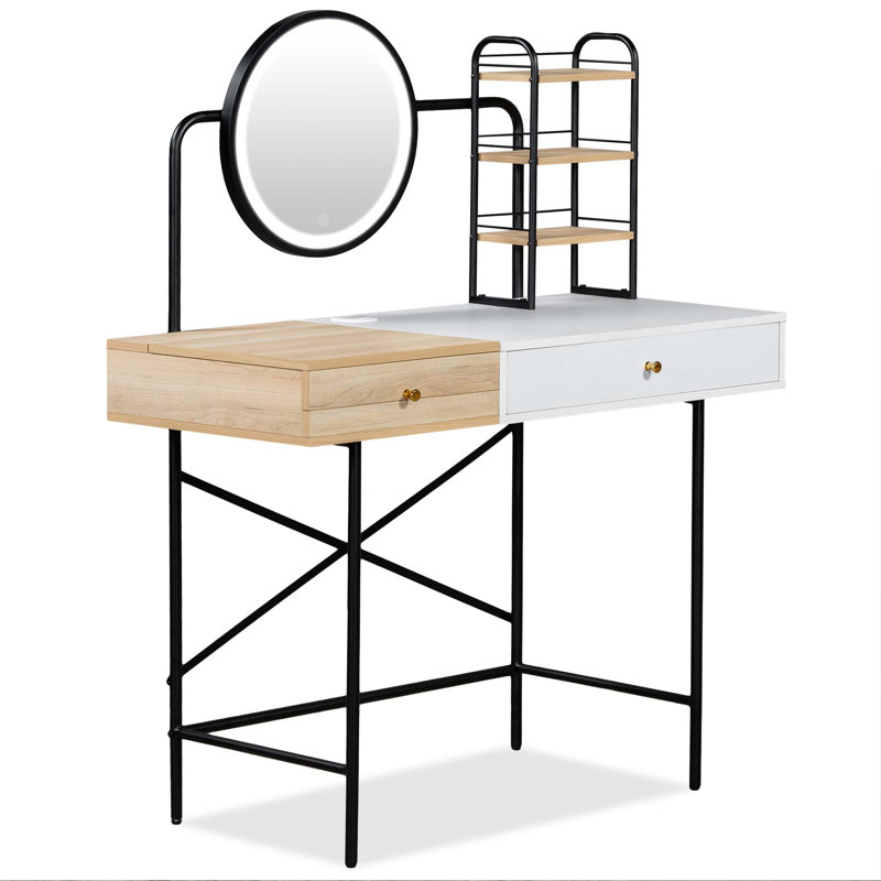 40-inch Makeup Vanity Desk with 3-Mode Lighted Mirror & Wireless Charging Station, Vanity Table with Drawer & 3 Open Shelves