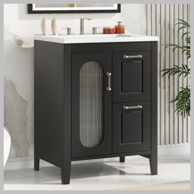 Meuble-lavabo 24 po avec lavabo, meuble-lavabo avec deux tiroirs et porte, tablette réglable, bois massif et panneau de fibres à densité moyenne, blanc